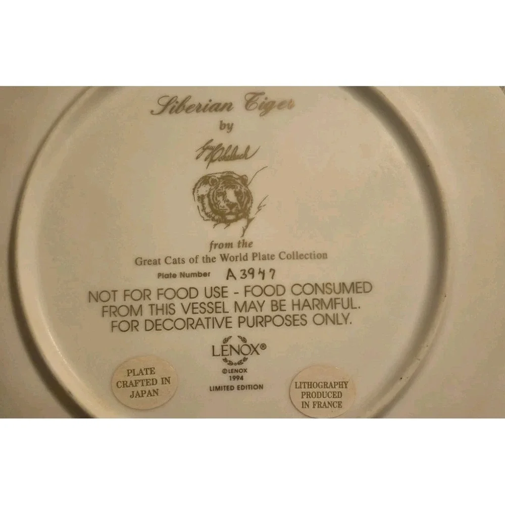 LENOX Limited Edition Great Cats of the World Plate # A6020 Siberian Tiger 1994